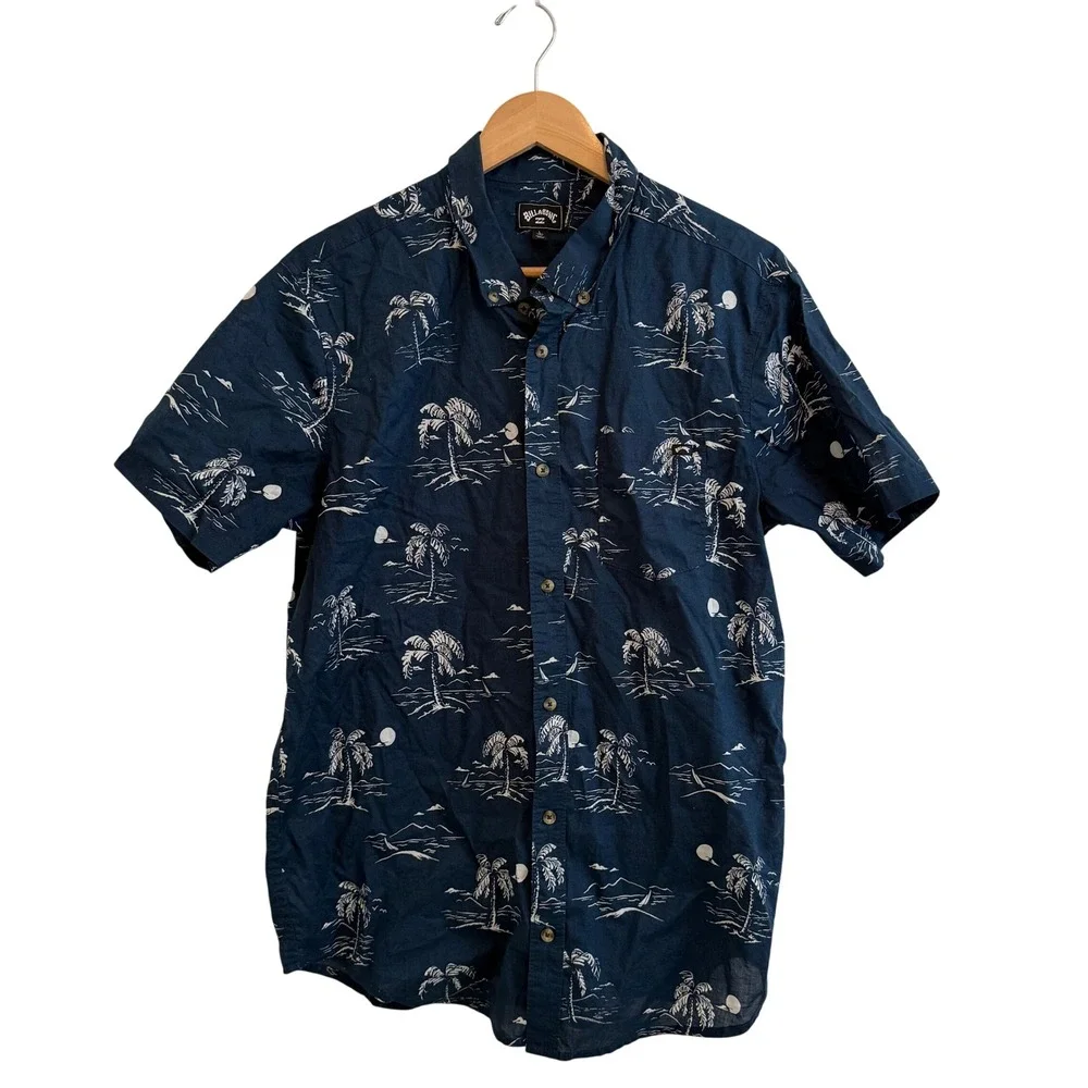Billabong Mens‎ Shirt Short Sleeve Palm Tree Print Navy Blue Size L Resortwear